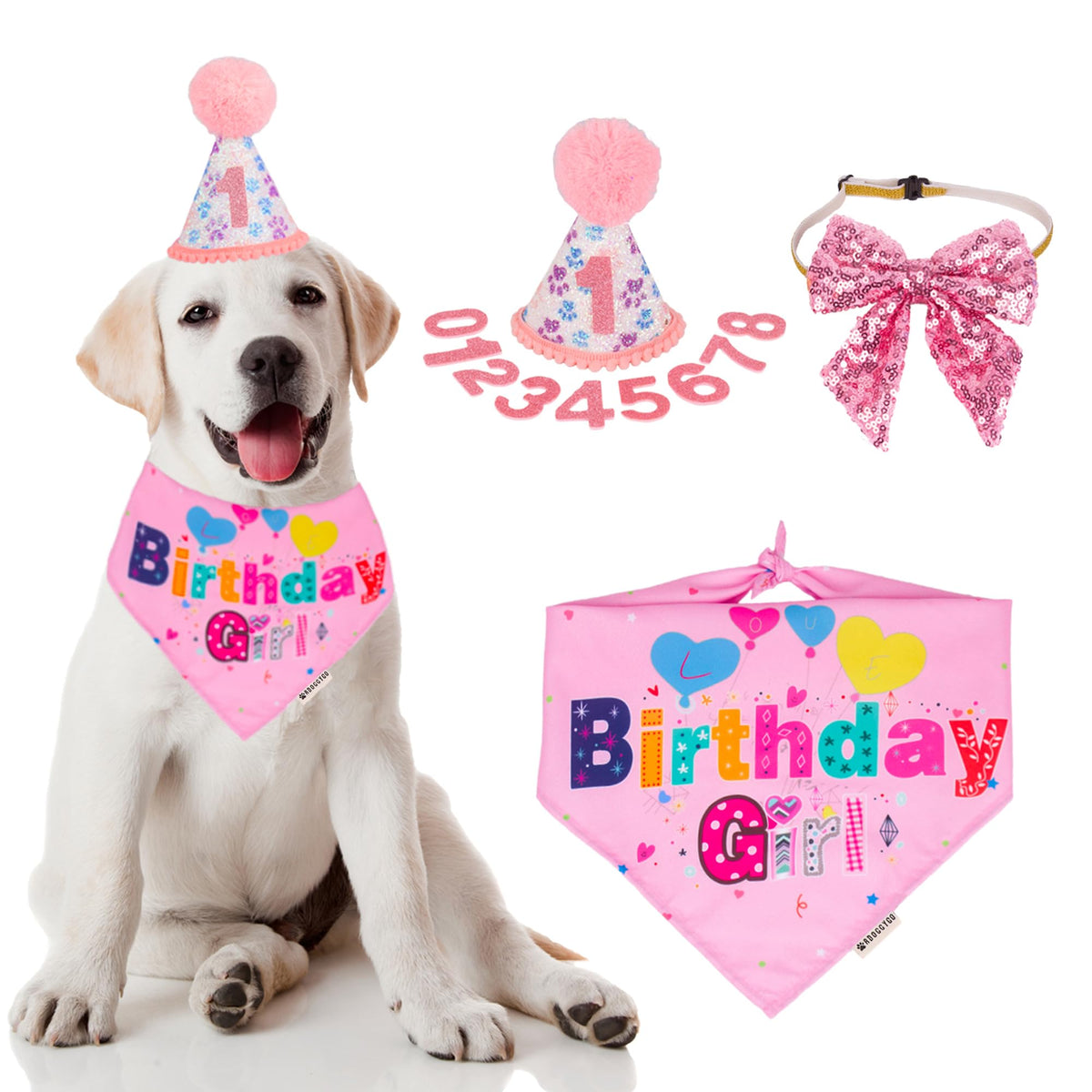 ADOGGYGO Dog Birthday Hat, Pink Birthday Girl Bandana Set, Small