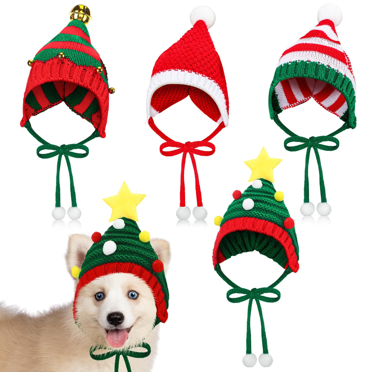 Dansydaisy 4 Pack Christmas Knitted Dog Santa Hats, Multicolor, Small