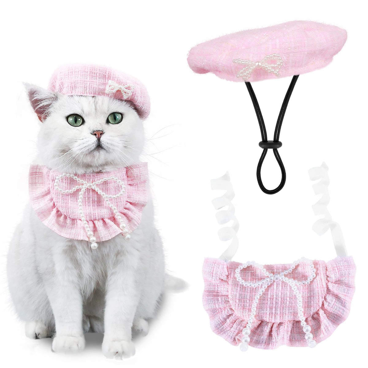 HOWWFALY 2PCS Cat Beret Hat with Pearl Bowtie, Adjustable Bandana Scarf Set Pet Princess Costume for Halloween Christmas, Cat Dog Birthday Party Apparel(Black Pearl)