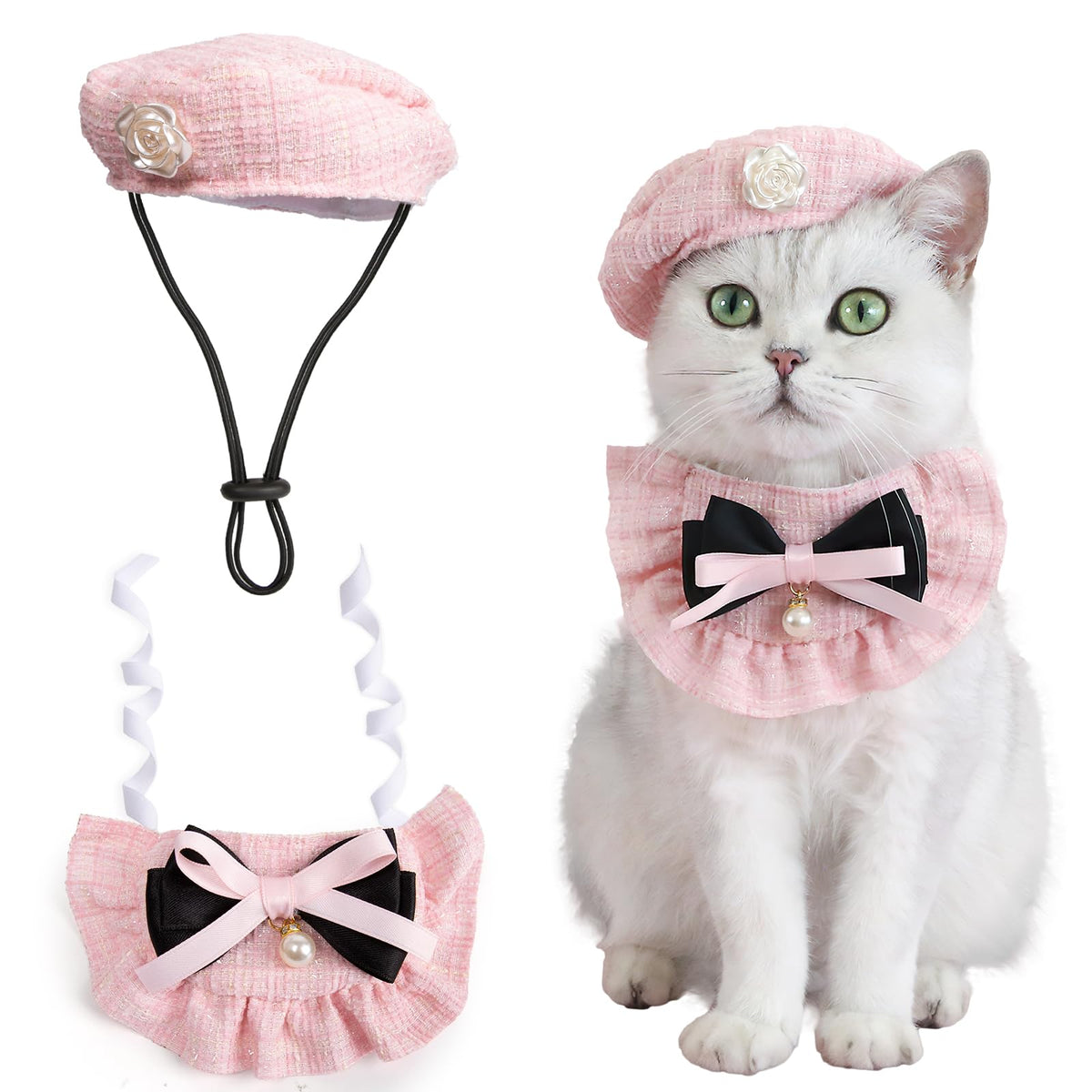 HOWWFALY 2PCS Cat Beret Hat with Pearl Bowtie, Adjustable Bandana Scarf Set Pet Princess Costume for Halloween Christmas, Cat Dog Birthday Party Apparel(Black Pearl)