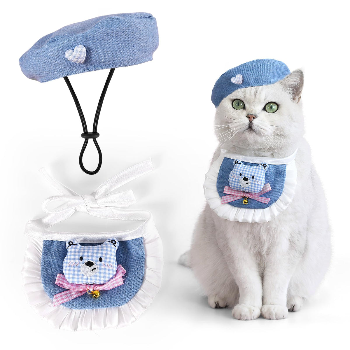 HOWWFALY 2PCS Cat Beret Hat with Pearl Bowtie, Adjustable Bandana Scarf Set Pet Princess Costume for Halloween Christmas, Cat Dog Birthday Party Apparel(Black Pearl)