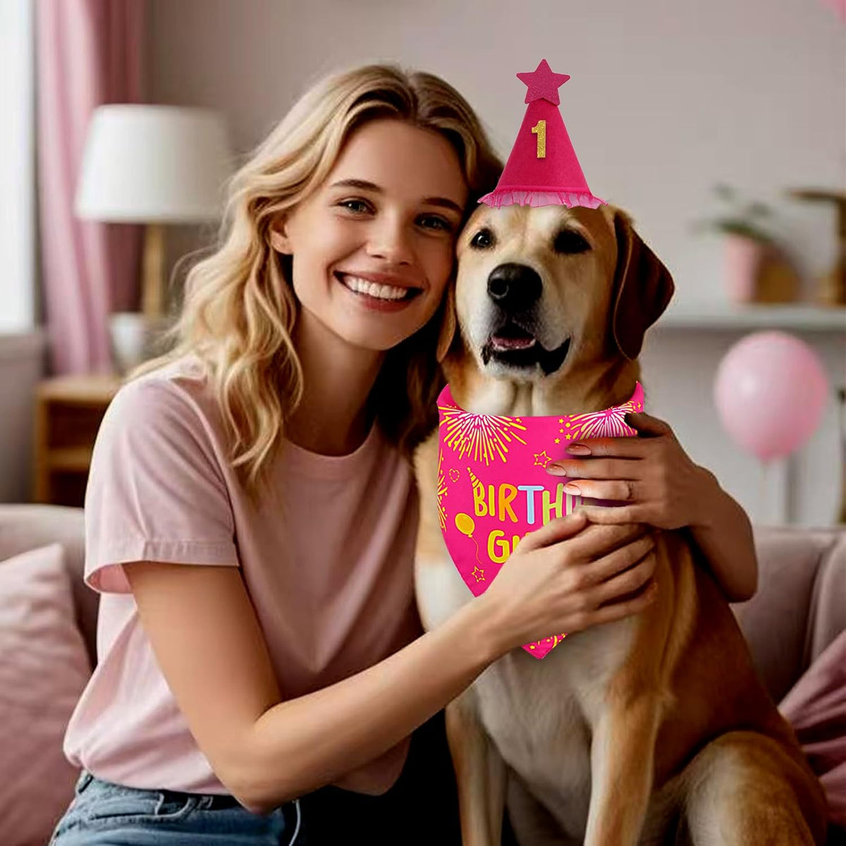 Rose Pink Girl Dog Birthday Party Supplies with Hat Bandana Numbers