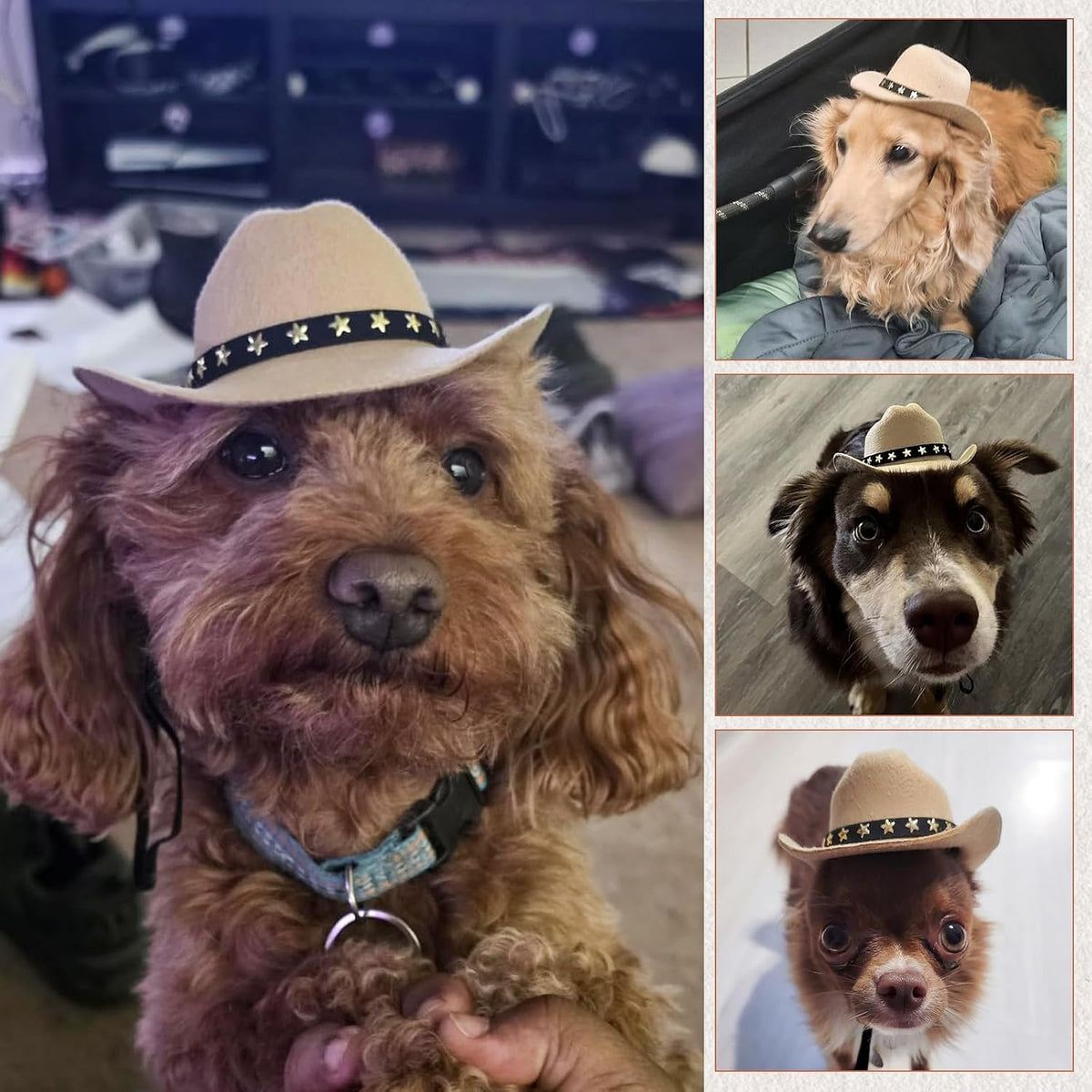 Pet Cowboy Costume, Dog Cowboy Hat with Bandana Scarf, Adjustable Cat Cowboy Hat for Party Cosplay Christmas, Halloween Cowboy Costumes for Small Pet Dogs Cats (Khaki, Small)