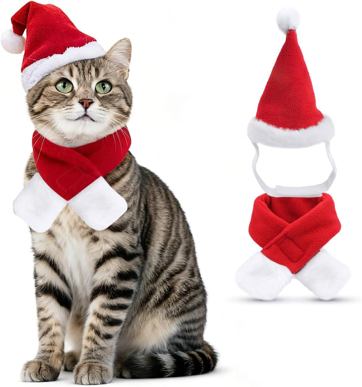Cat Santa Hat with Scarf, Christmas Hats for Cats Small Dog Santa Hat Christmas Costume for Cat Rabbit Puppy Doll Decoration, Red S