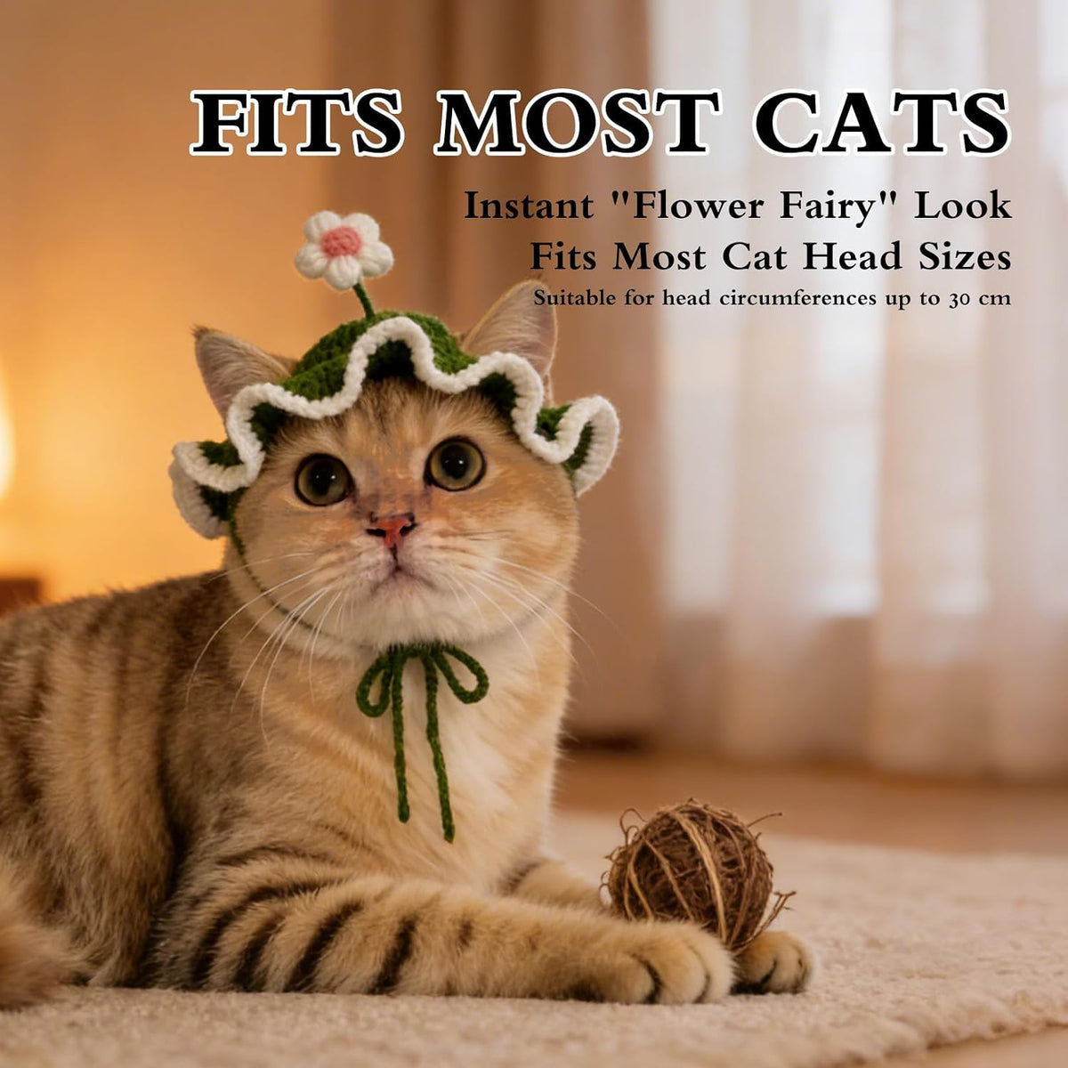 Flower Cat Hat, Cotton & Soft Cute Knitted Hats for Cats Birthday Party Spring Puppy Hat for Small Pets (Green,M)