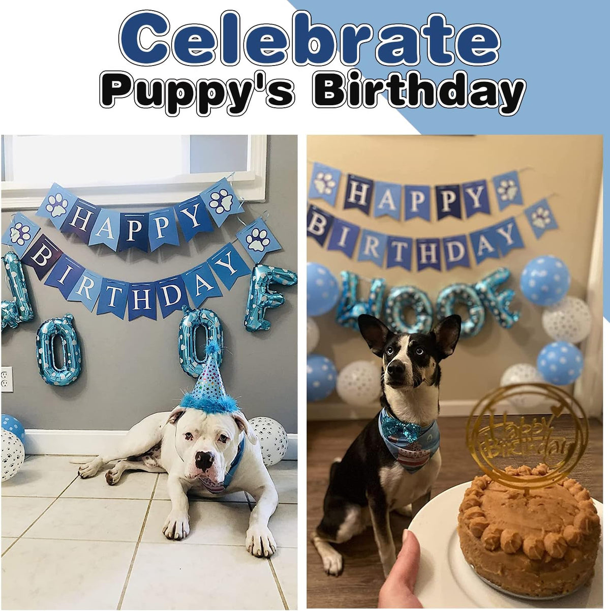 AROIC Dog Birthday Party Supplies, Adjustable Blue Dog Bandana Set