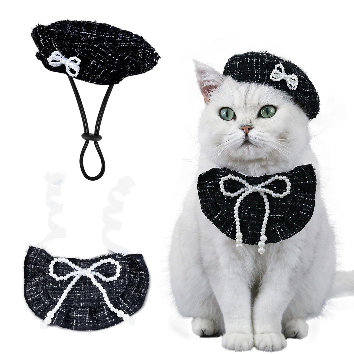 HOWWFALY 2PCS Cat Beret Hat with Pearl Bowtie, Adjustable Bandana Scarf Set Pet Princess Costume for Halloween Christmas, Cat Dog Birthday Party Apparel(Black Pearl)
