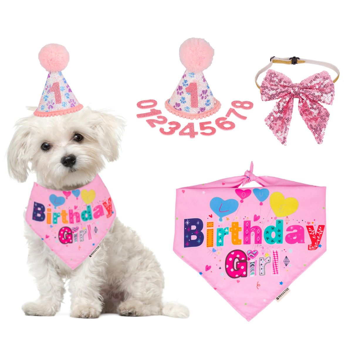 ADOGGYGO Dog Birthday Hat, Pink Birthday Girl Bandana Set, Small