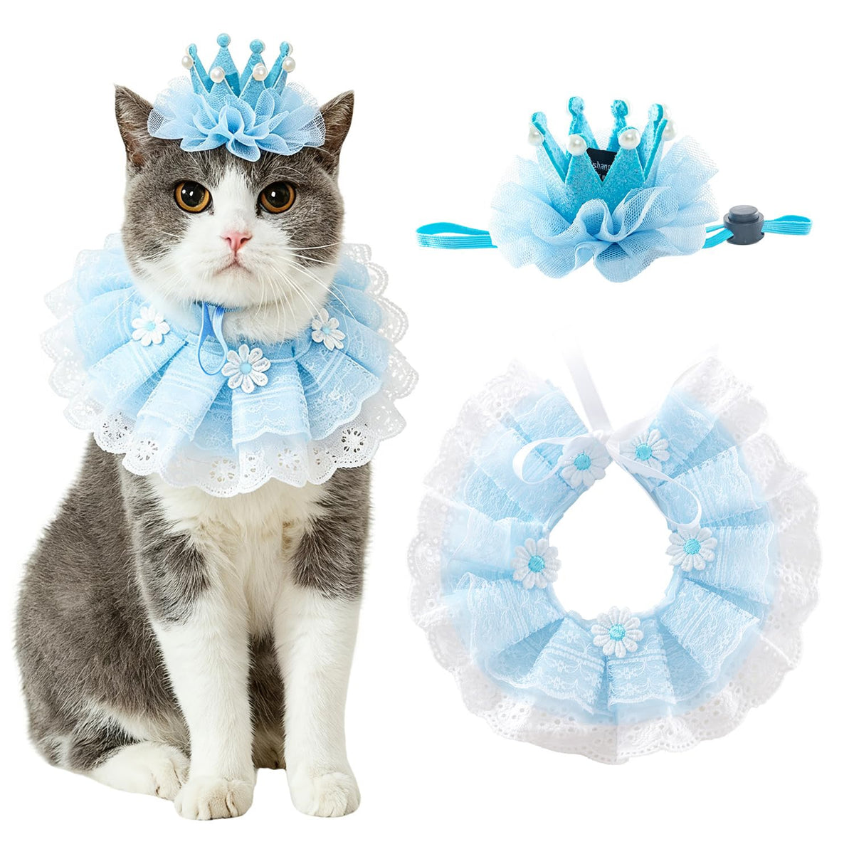 Cat Princess Costumes Cat Crown Hat & Lace Bandana Scarf Set, Puppy Party Hat for Small Dogs & Cats, Lace Outfit for Cats and Small Dogs Birthday Party (Pink)