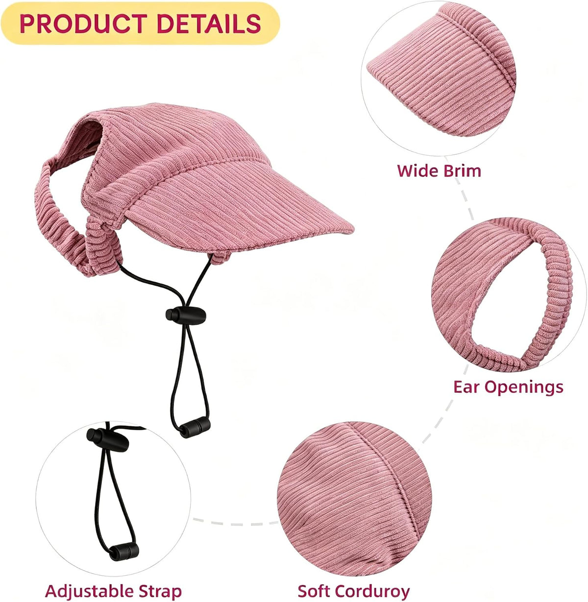 Dog Sun Hat with Ear Openings, Dog Baseball Cap with Anti-Slip Strap, Sun Protection Summer Beach Visor Hat for Dogs and Cats, Adjustable Puppy Cute Sun Cap Headdress (Pink, L)