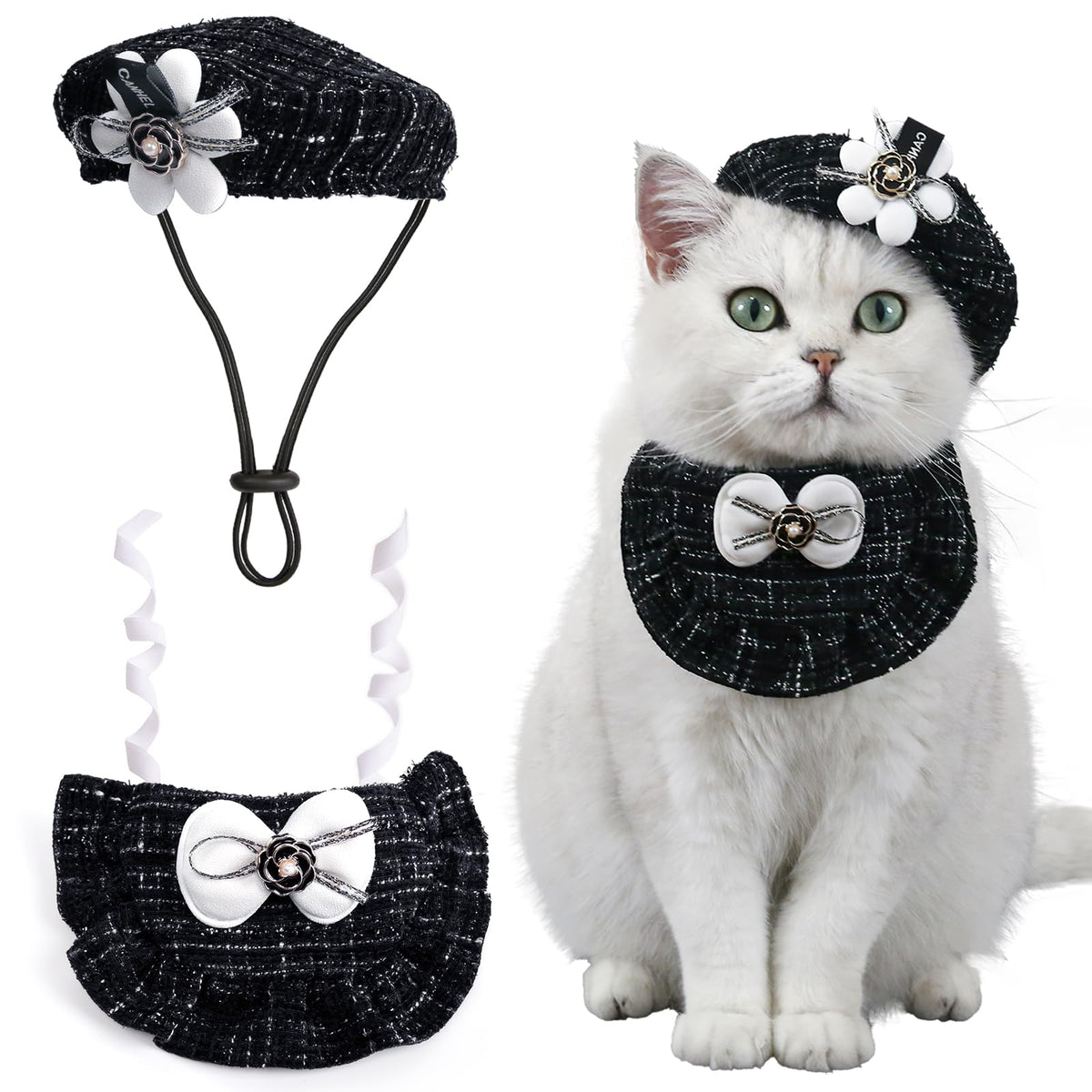 HOWWFALY 2PCS Cat Beret Hat with Pearl Bowtie, Adjustable Bandana Scarf Set Pet Princess Costume for Halloween Christmas, Cat Dog Birthday Party Apparel(Black Pearl)