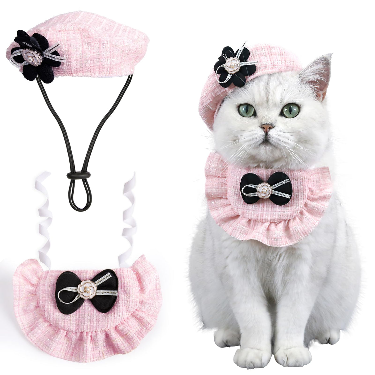 HOWWFALY 2PCS Cat Beret Hat with Pearl Bowtie, Adjustable Bandana Scarf Set Pet Princess Costume for Halloween Christmas, Cat Dog Birthday Party Apparel(Black Pearl)