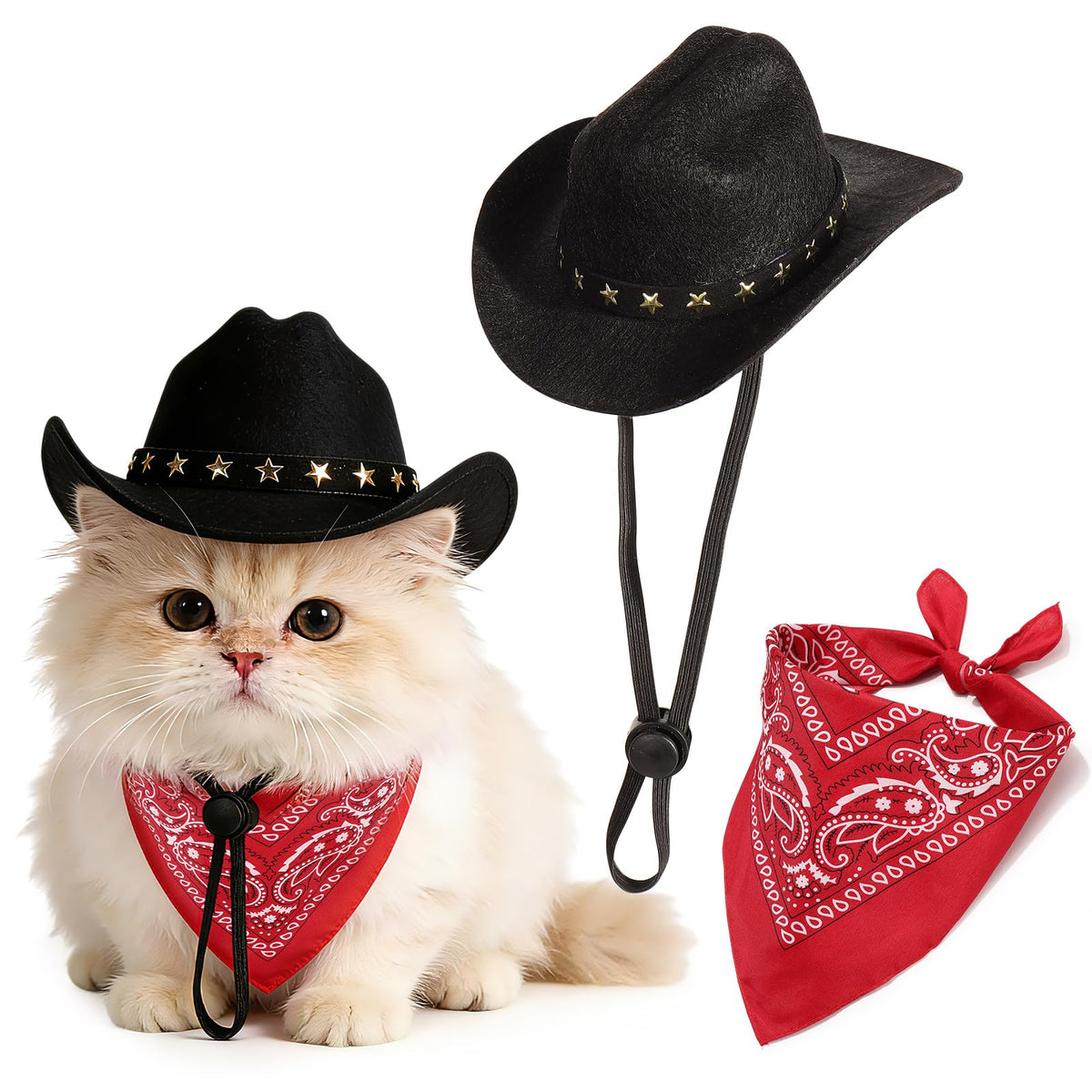 Pet Cowboy Costume, Dog Cowboy Hat with Bandana Scarf, Adjustable Cat Cowboy Hat for Party Cosplay Christmas, Halloween Cowboy Costumes for Small Pet Dogs Cats (Pink, Small)
