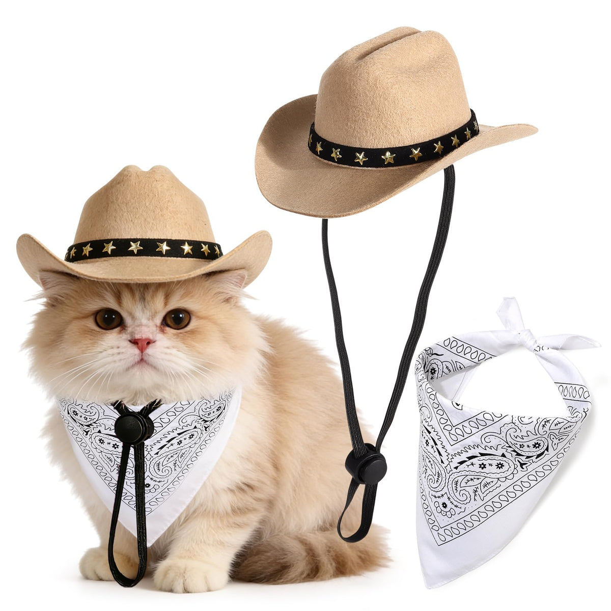 Pet Cowboy Costume, Dog Cowboy Hat with Bandana Scarf, Adjustable Cat Cowboy Hat for Party Cosplay Christmas, Halloween Cowboy Costumes for Small Pet Dogs Cats (Khaki, Small)