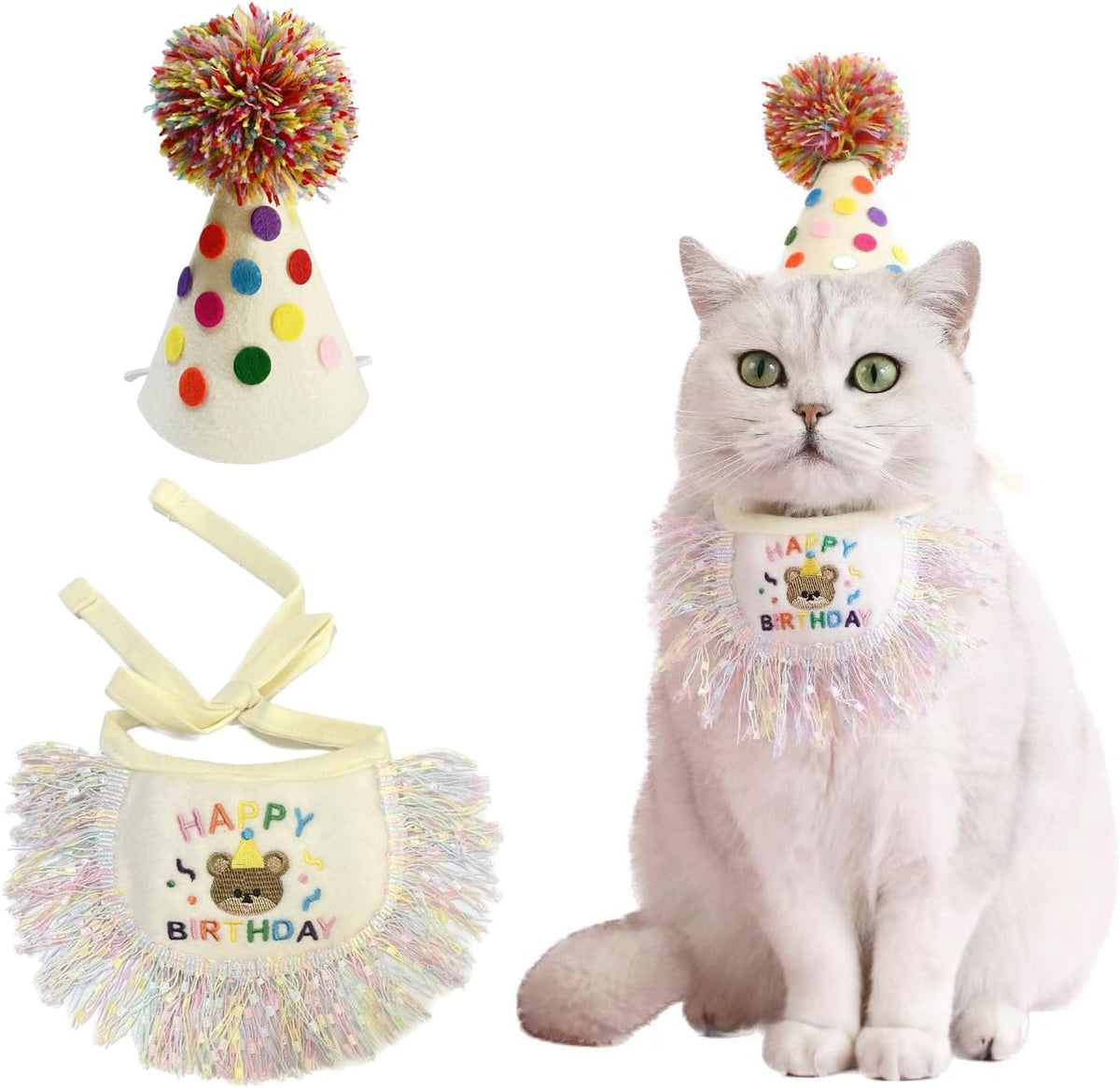 Cat Birthday Bandana Scarf and Party Hat Cute Tassel Scarf and Birthday Hat