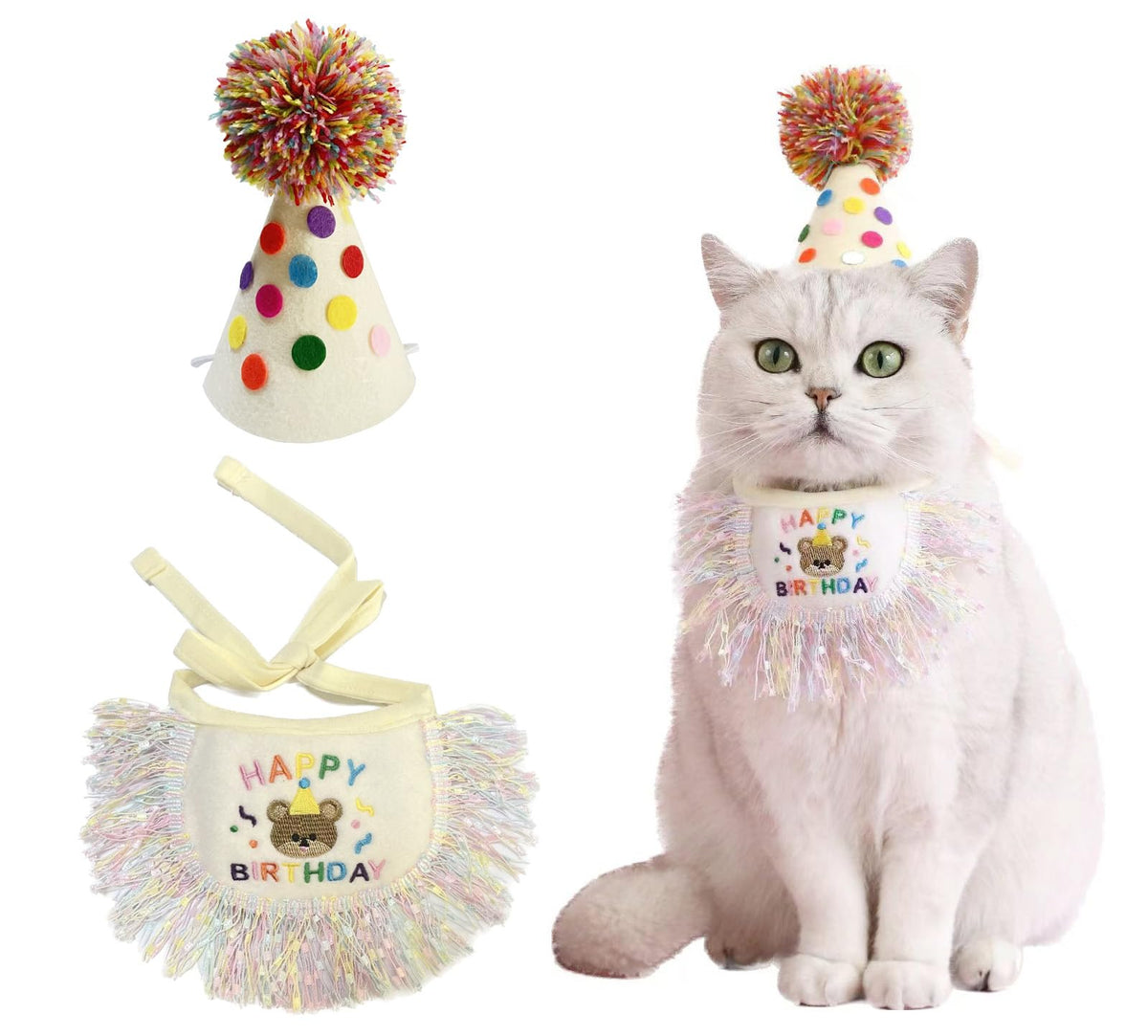 Cat Birthday Bandana Scarf and Party Hat Cute Tassel Scarf and Birthday Hat