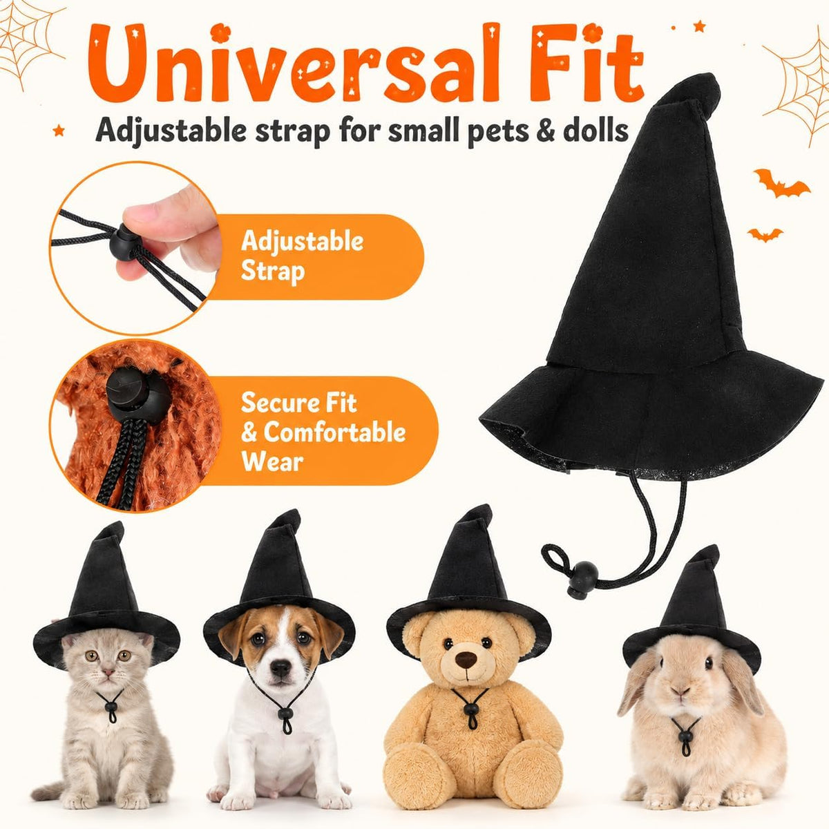 2Pcs Witch Hat for Pets and Dolls: Halloween Little Cat Dog Witch Hat for Crafts Decor Pet Cone Cap with Strap, Halloween Party Dolls Costume Accessories Cosplay