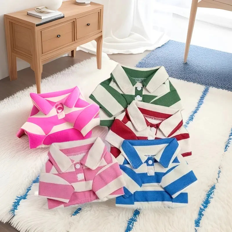 Dog & Cat Stripe Cotton Polo Shirts - 5-Pcs Bulk Pack, Summer Sporty Pet Clothing for Small-Large Pets (Chihuahua, Husky), S Size, with Outfit Inspiration, Outfit Inspiration Feature