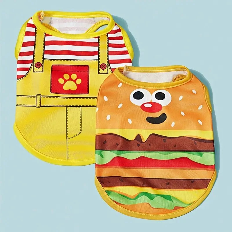 Pet Dog Cat Cartoon Burger Pattern Harness Strap + Breathable Cooling Vest Set, Husky Clothes Ideal for Cats and Dogs, Comfortable Pet Gear