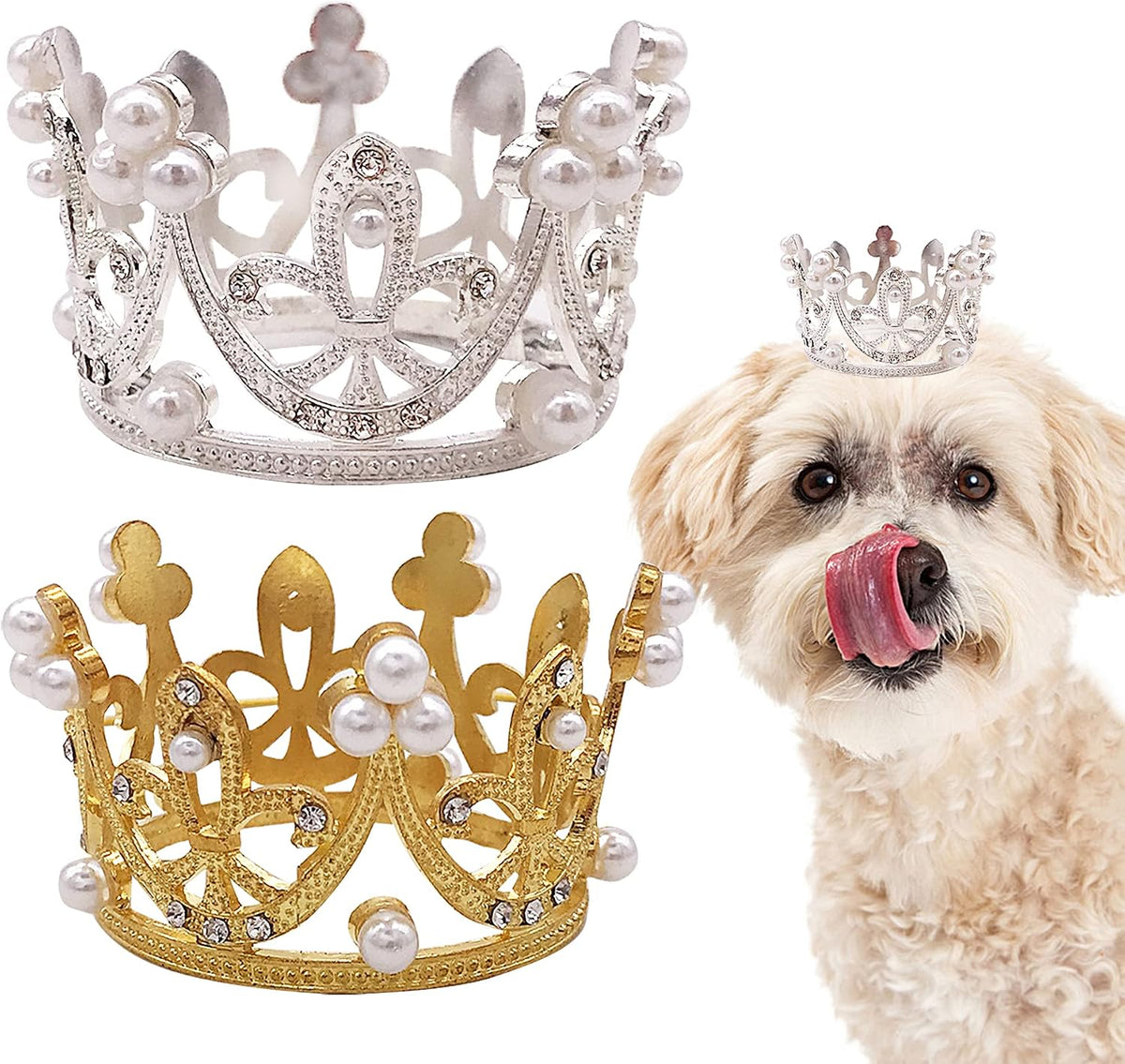 PET SHOW 2 Pack White Small Dog Crown King Queen for Birthday Party