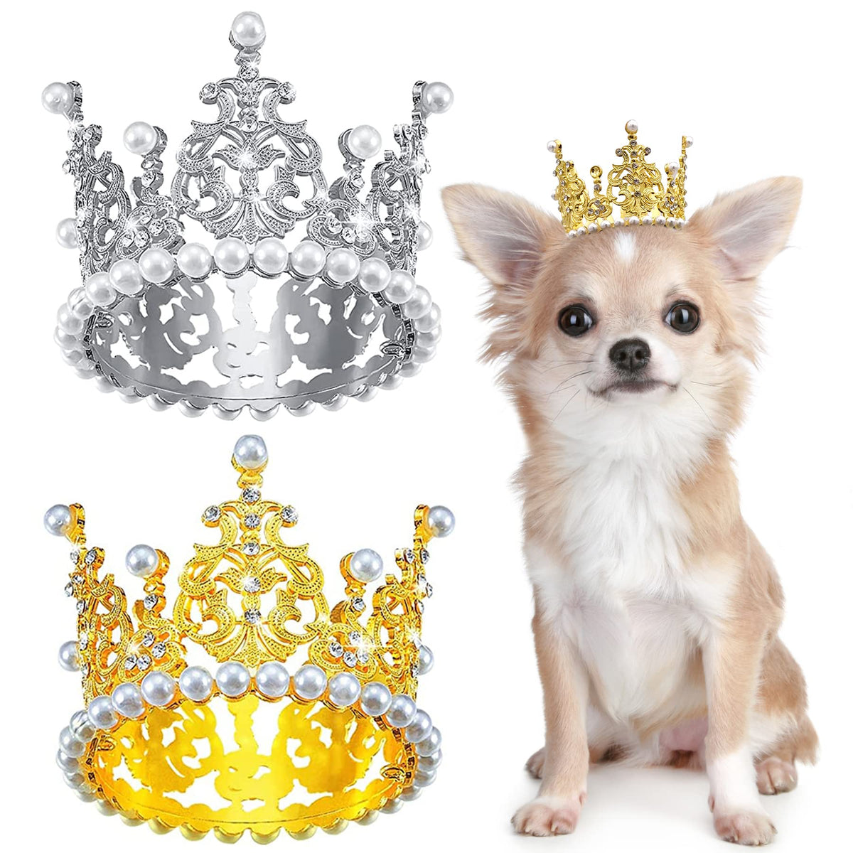 PET SHOW 2 Pack White Small Dog Crown King Queen for Birthday Party