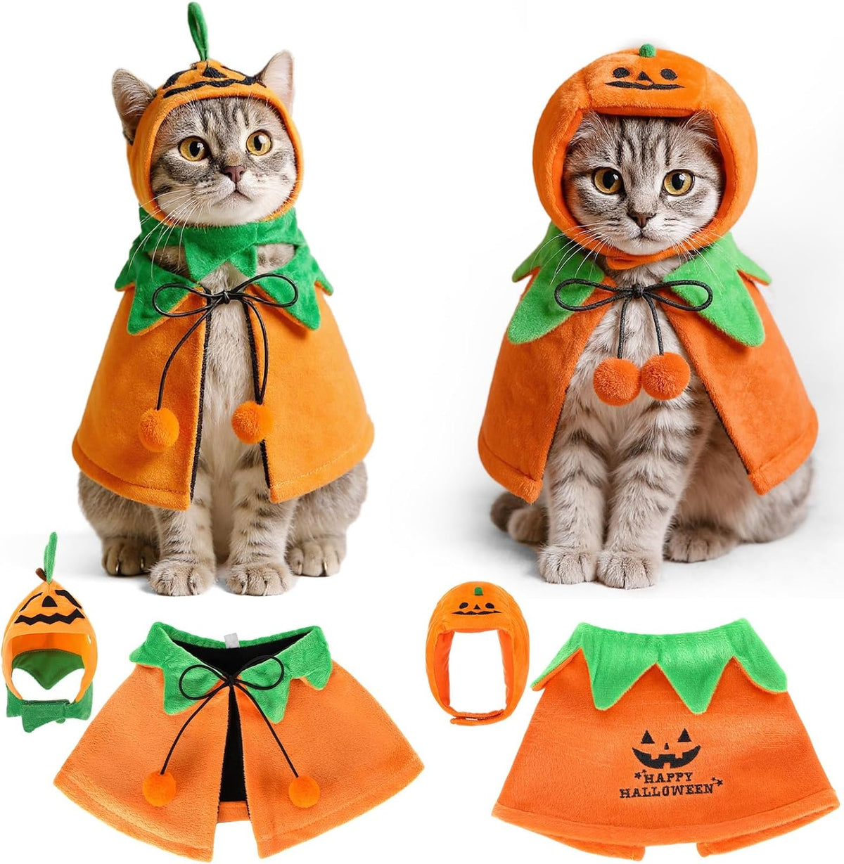 Huhumy 2 Sets Pet Pumpkin Costume Cat Halloween Cloak Hat Set for Dog Cat Halloween Costumes Pumpkin Hat for Dogs Puppy Poncho Small Medium Pets Cosplay (Cute)