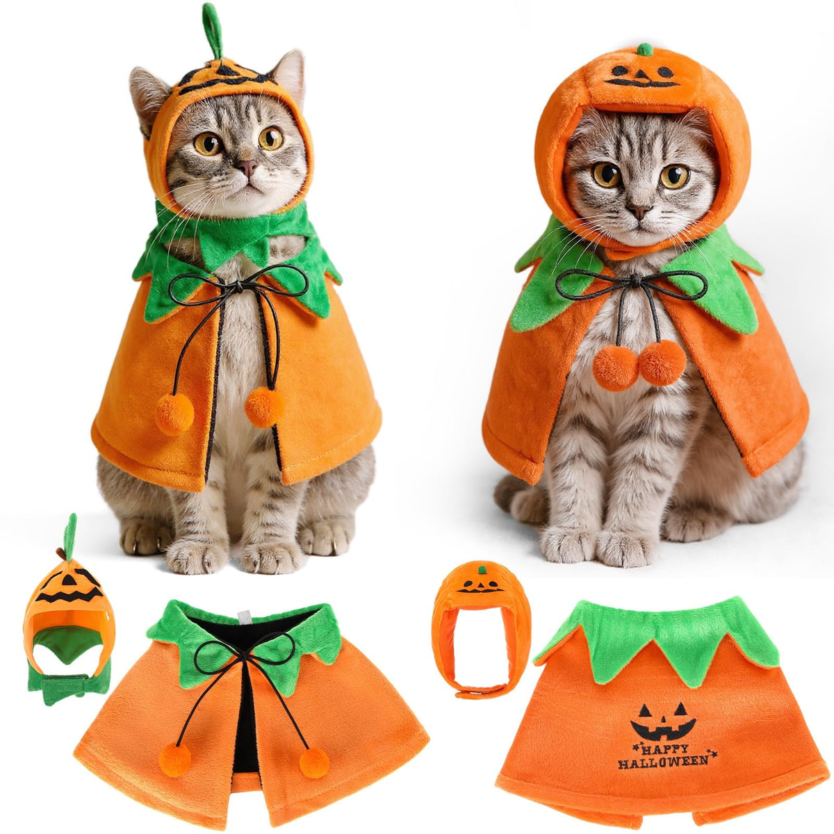 Huhumy 2 Sets Pet Pumpkin Costume Cat Halloween Cloak Hat Set for Dog Cat Halloween Costumes Pumpkin Hat for Dogs Puppy Poncho Small Medium Pets Cosplay (Cute)