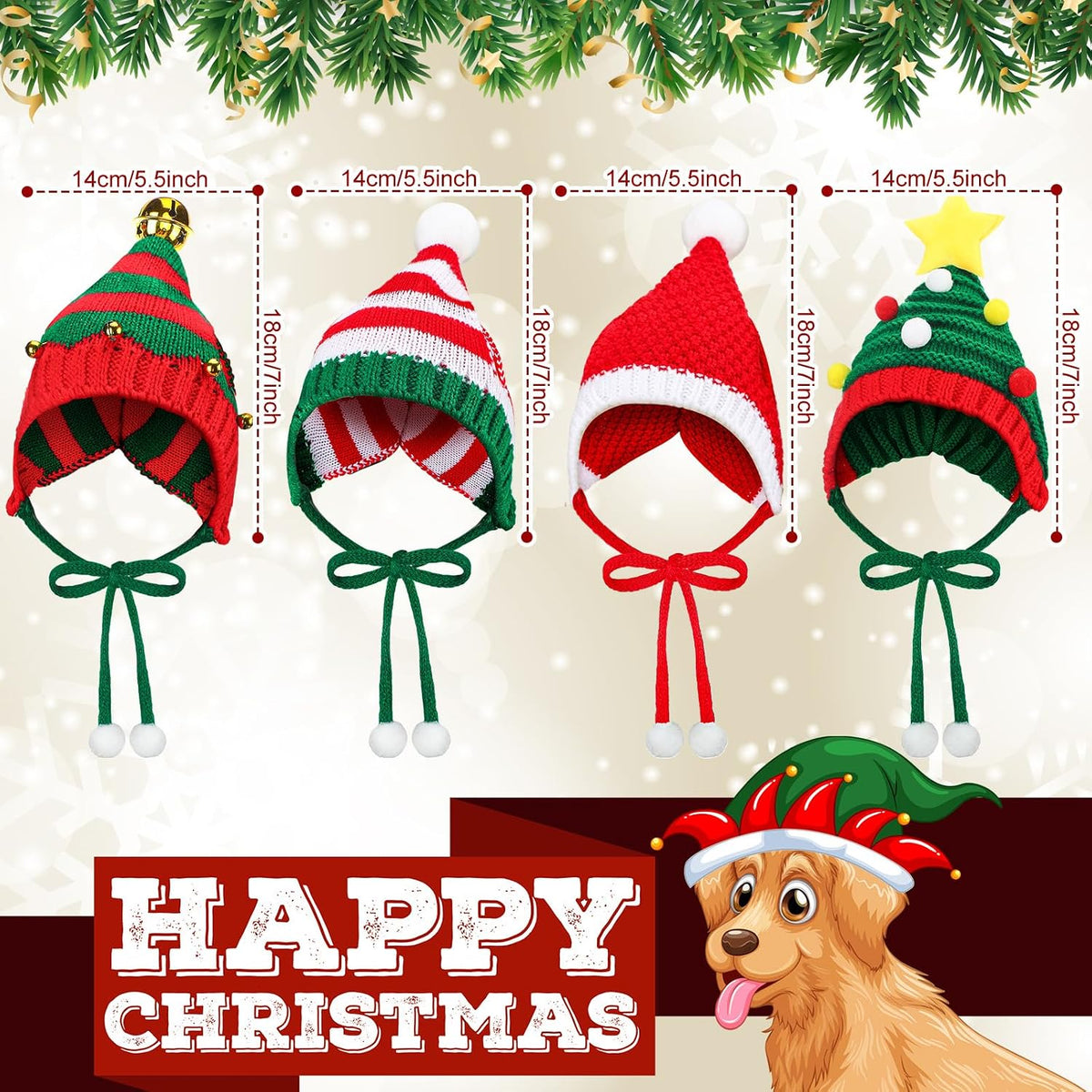 Dansydaisy 4 Pack Christmas Knitted Dog Santa Hats, Multicolor, Small