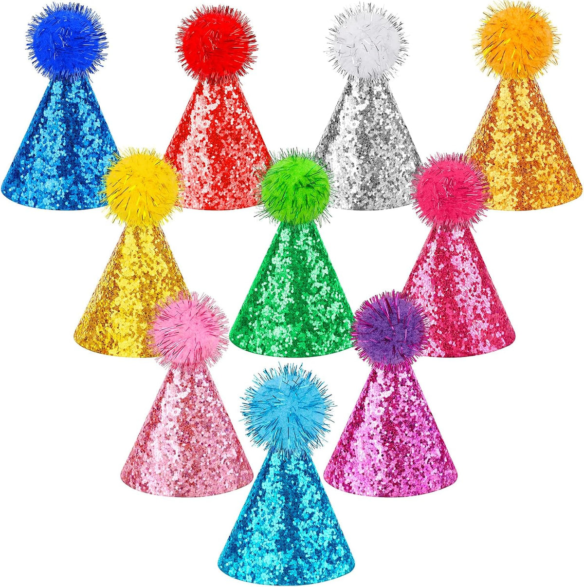 Hooqict 10 PCS Mini Small Party Hats for Stuffed Animals Birthday Party Cone Hats with Pom Poms for Baby Small Dogs Cats Party Animals Toy Figures, Assorted