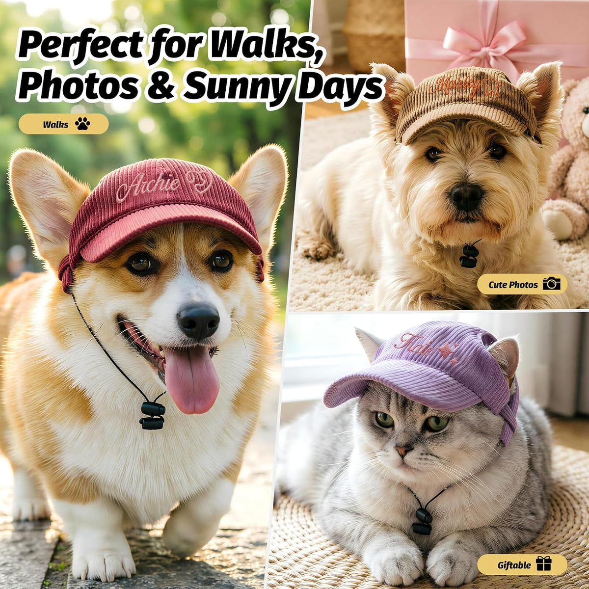 Personalized Embroidered Pet Sun Hat, Dog Baseball Cap with Ear Holes