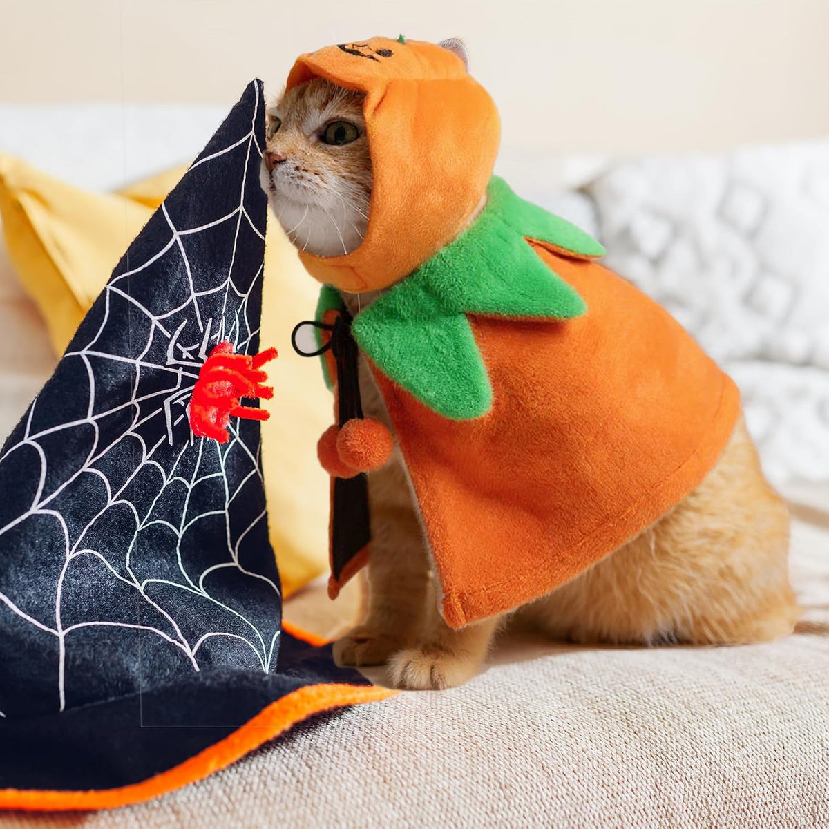 Huhumy 2 Sets Pet Pumpkin Costume Cat Halloween Cloak Hat Set for Dog Cat Halloween Costumes Pumpkin Hat for Dogs Puppy Poncho Small Medium Pets Cosplay (Cute)