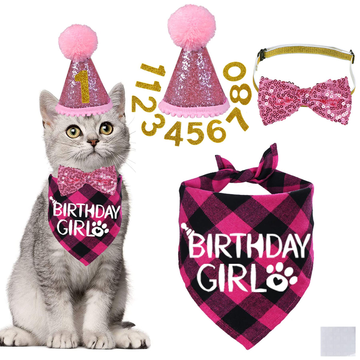 STMK Cat Birthday Decorations, Cat Birthday Hat with Number Bandana Bow Tie Collar for Cats Kittens Apparel Birthday Outfits