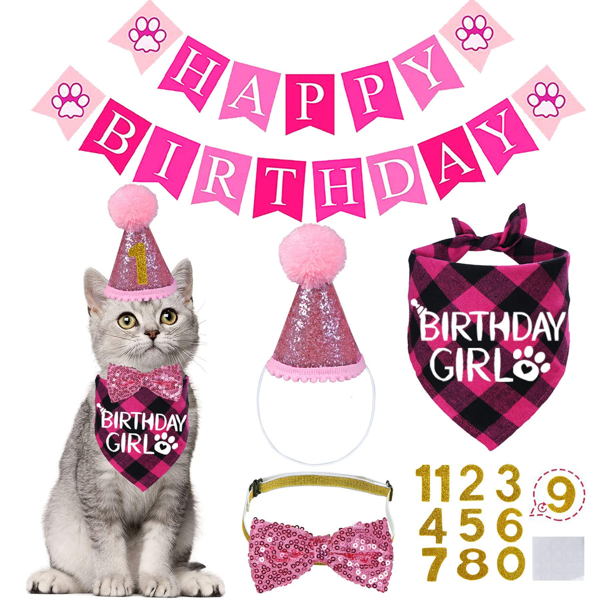 STMK Cat Birthday Decorations, Cat Birthday Hat with Number Bandana Bow Tie Collar for Cats Kittens Apparel Birthday Outfits