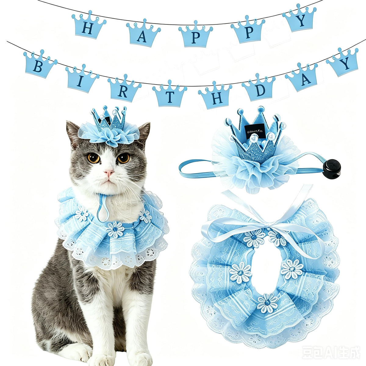 Cat Princess Costumes Cat Crown Hat & Lace Bandana Scarf Set, Puppy Party Hat for Small Dogs & Cats, Lace Outfit for Cats and Small Dogs Birthday Party (Pink)