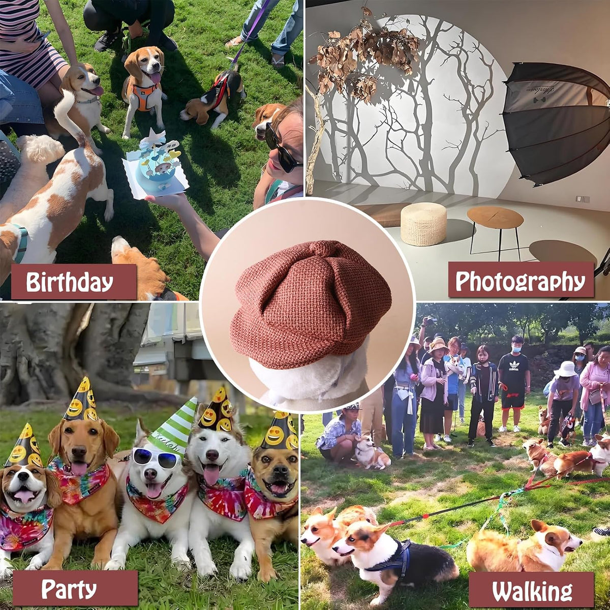 SEIS 3 Pcs Dog Berets Fashion Pet Hat French Artist Cat Cap Baseball Cap for Party Birthday Wedding Photo (L, Retro)