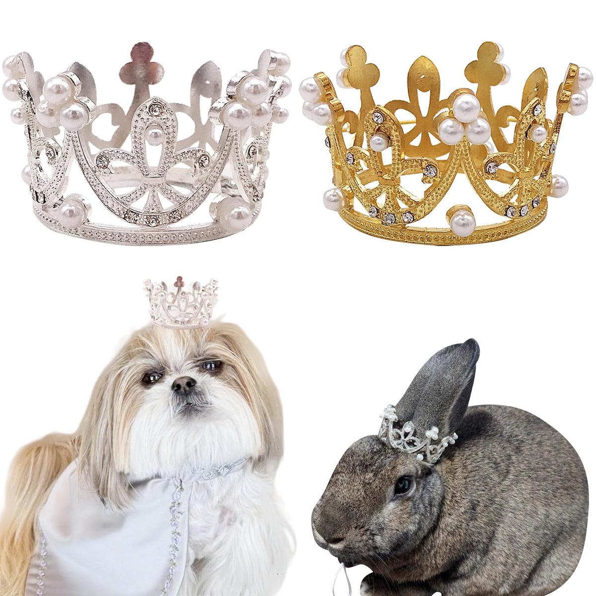 PET SHOW 2 Pack White Small Dog Crown King Queen for Birthday Party
