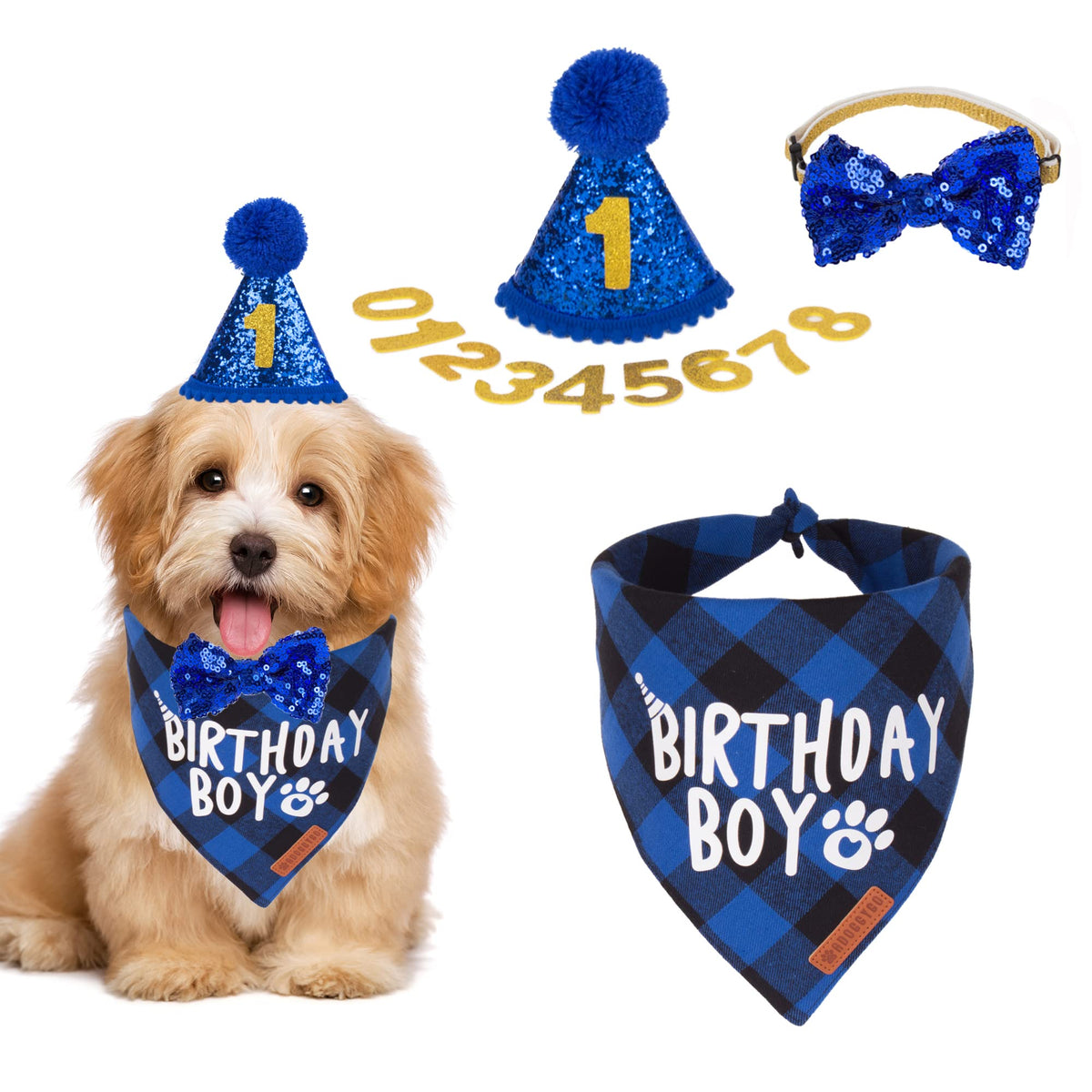 ADOGGYGO Dog Birthday Hat Bandana Set, Blue Plaid Boy Dog Bandana, X-Large
