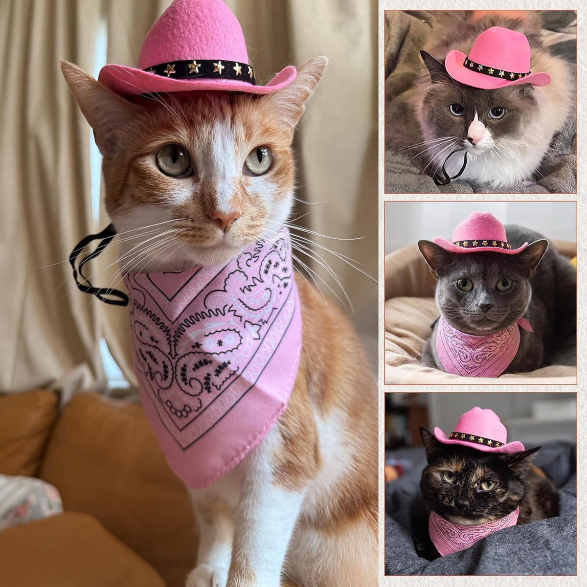 Pet Cowboy Costume, Dog Cowboy Hat with Bandana Scarf, Adjustable Cat Cowboy Hat for Party Cosplay Christmas, Halloween Cowboy Costumes for Small Pet Dogs Cats (Pink, Small)