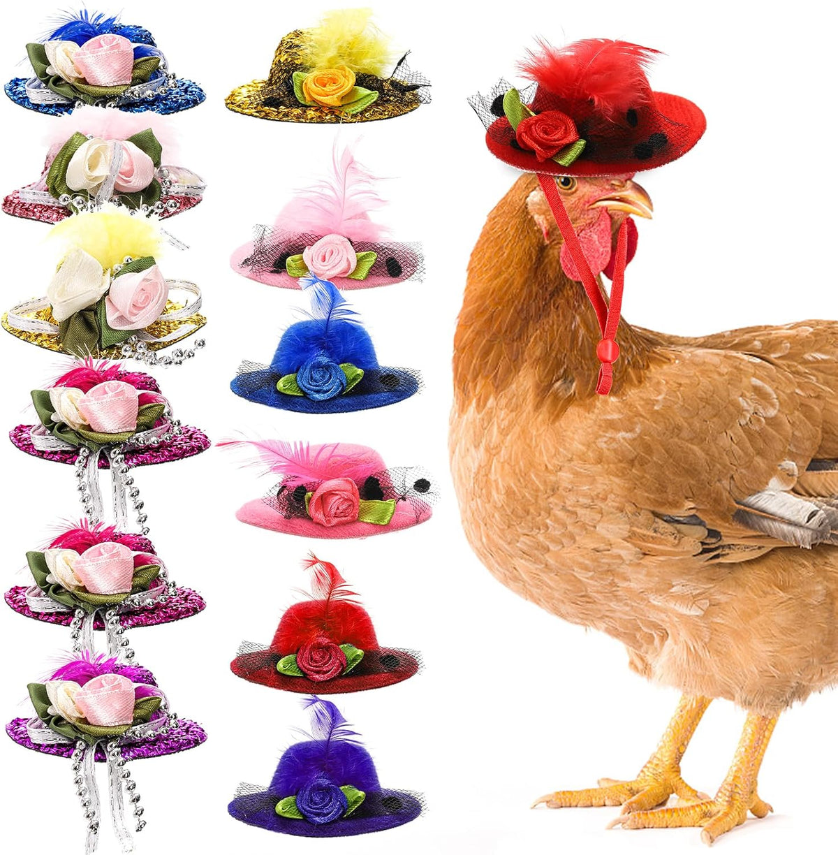 Eorbow 12 Pcs Chicken Hats for Hens, Mini Feather Top Chicken Helmet Halloween Accessories, Funny Small Hat Tiny Pet Hat, Chicken Show Costume for Rooster Duck Hamster Parrot Bird Poultry Snake