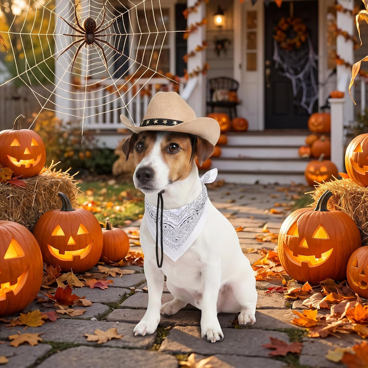 Pet Cowboy Costume, Dog Cowboy Hat with Bandana Scarf, Adjustable Cat Cowboy Hat for Party Cosplay Christmas, Halloween Cowboy Costumes for Small Pet Dogs Cats (Khaki, Small)