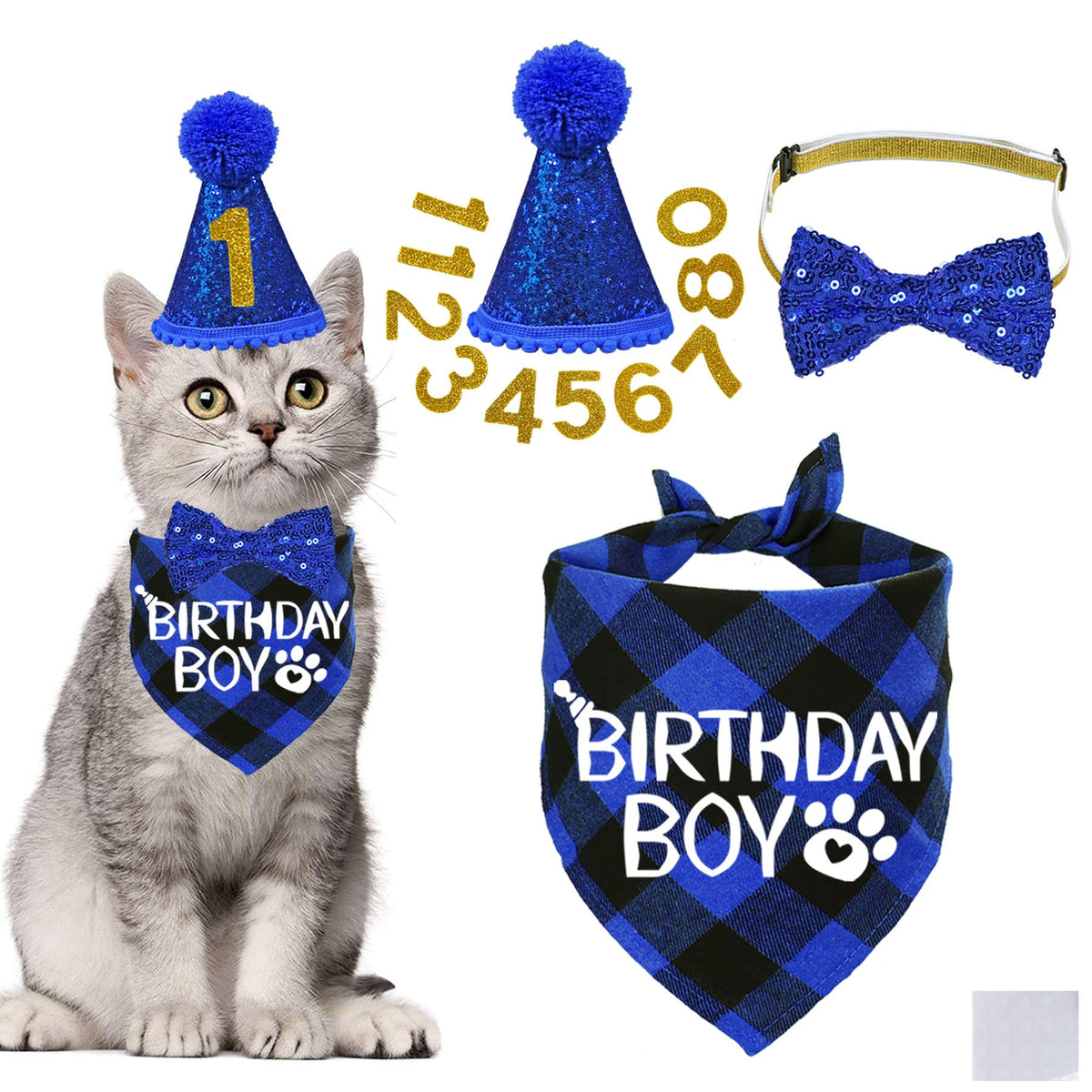 STMK Cat Birthday Decorations, Cat Birthday Hat with Number Bandana Bow Tie Collar for Cats Kittens Apparel Birthday Outfits