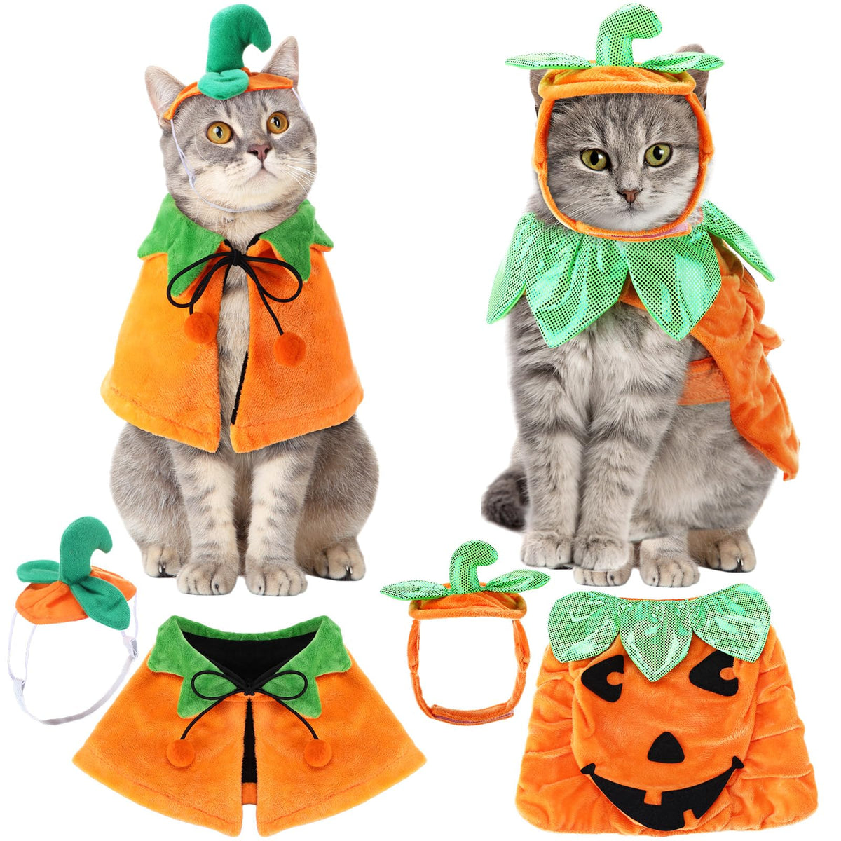 Huhumy 2 Sets Pet Pumpkin Costume Cat Halloween Cloak Hat Set for Dog Cat Halloween Costumes Pumpkin Hat for Dogs Puppy Poncho Small Medium Pets Cosplay (Cute)