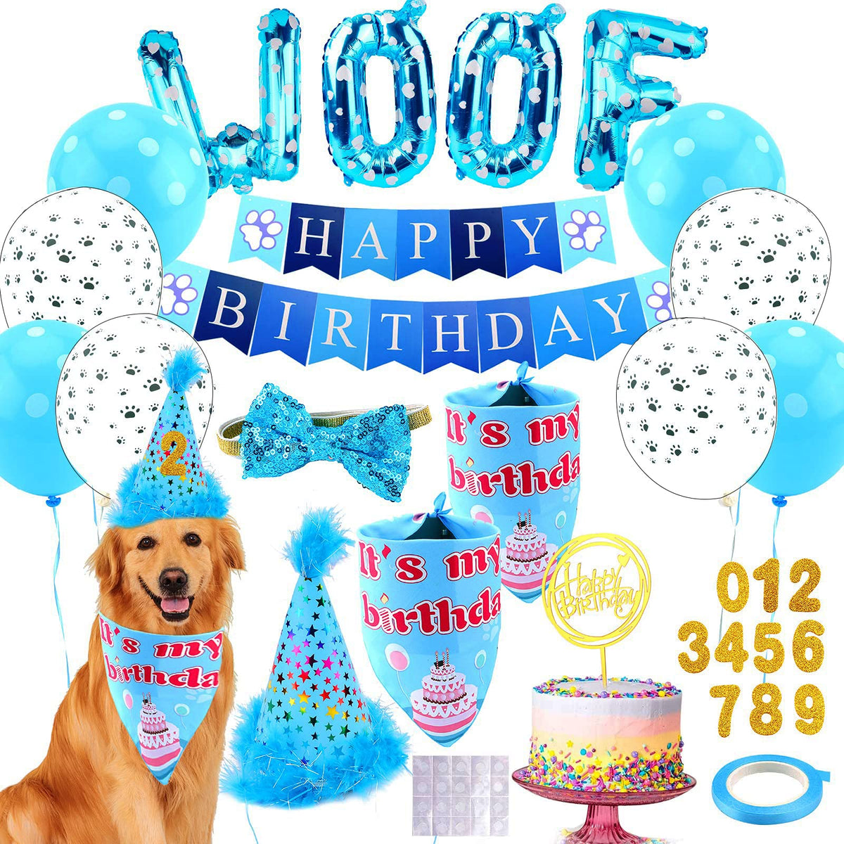 AROIC Dog Birthday Party Supplies, Adjustable Blue Dog Bandana Set