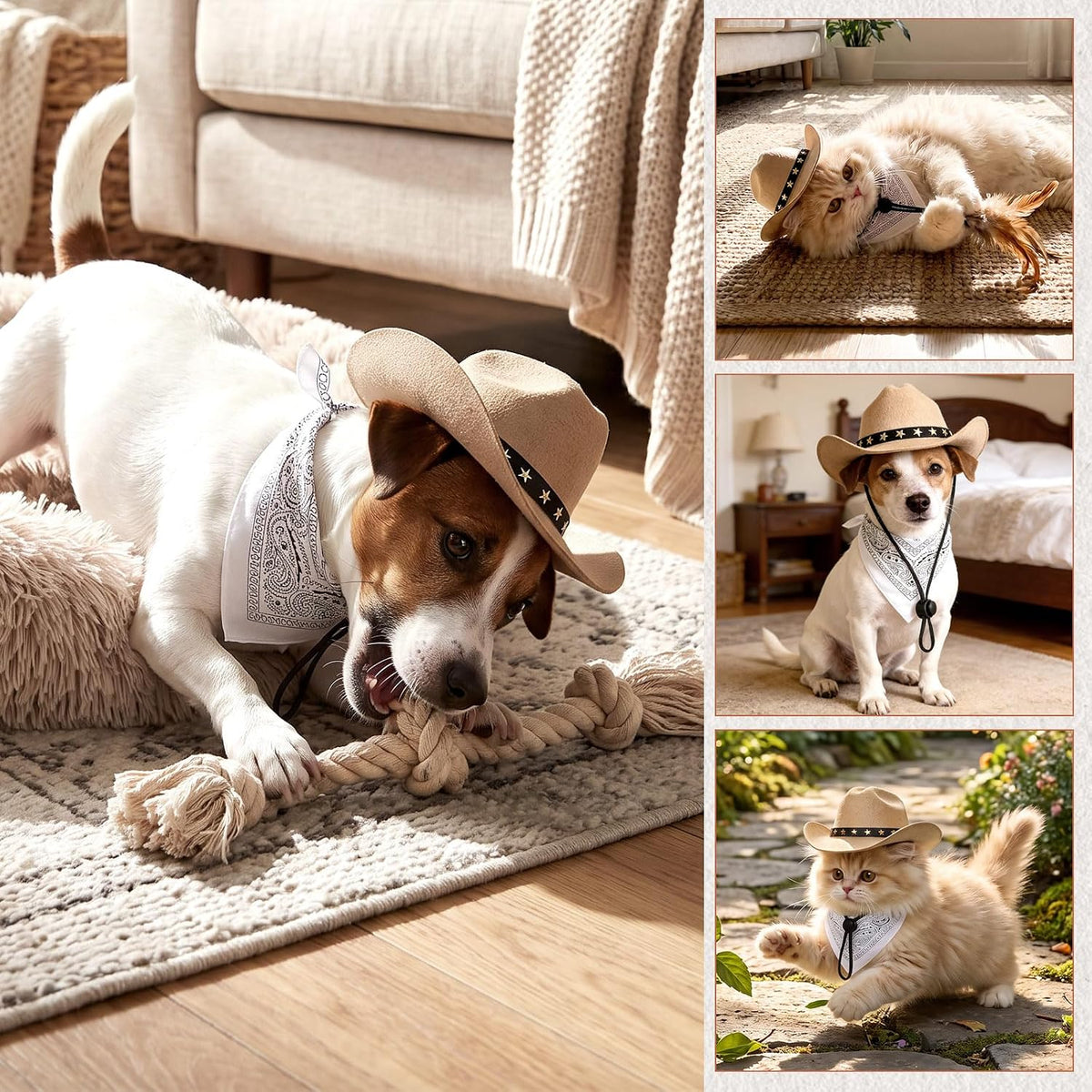 Pet Cowboy Costume, Dog Cowboy Hat with Bandana Scarf, Adjustable Cat Cowboy Hat for Party Cosplay Christmas, Halloween Cowboy Costumes for Small Pet Dogs Cats (Khaki, Small)