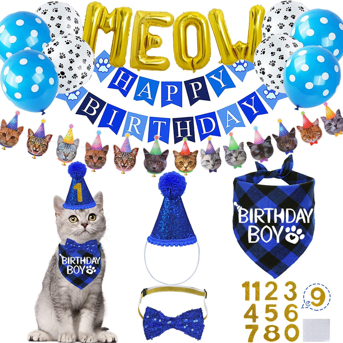 STMK Cat Birthday Decorations, Cat Birthday Hat with Number Bandana Bow Tie Collar for Cats Kittens Apparel Birthday Outfits