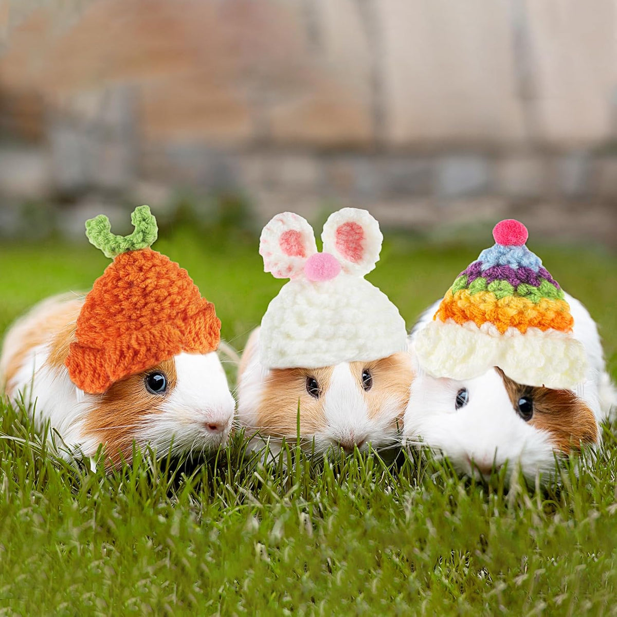 Thinp 4 Pcs Knitted Hats for Small Animals - Cute Tiny Hamster & Guinea Pig Hats with Adjustable Strap - Snake, Rainbow Bunny & Carrot Themed