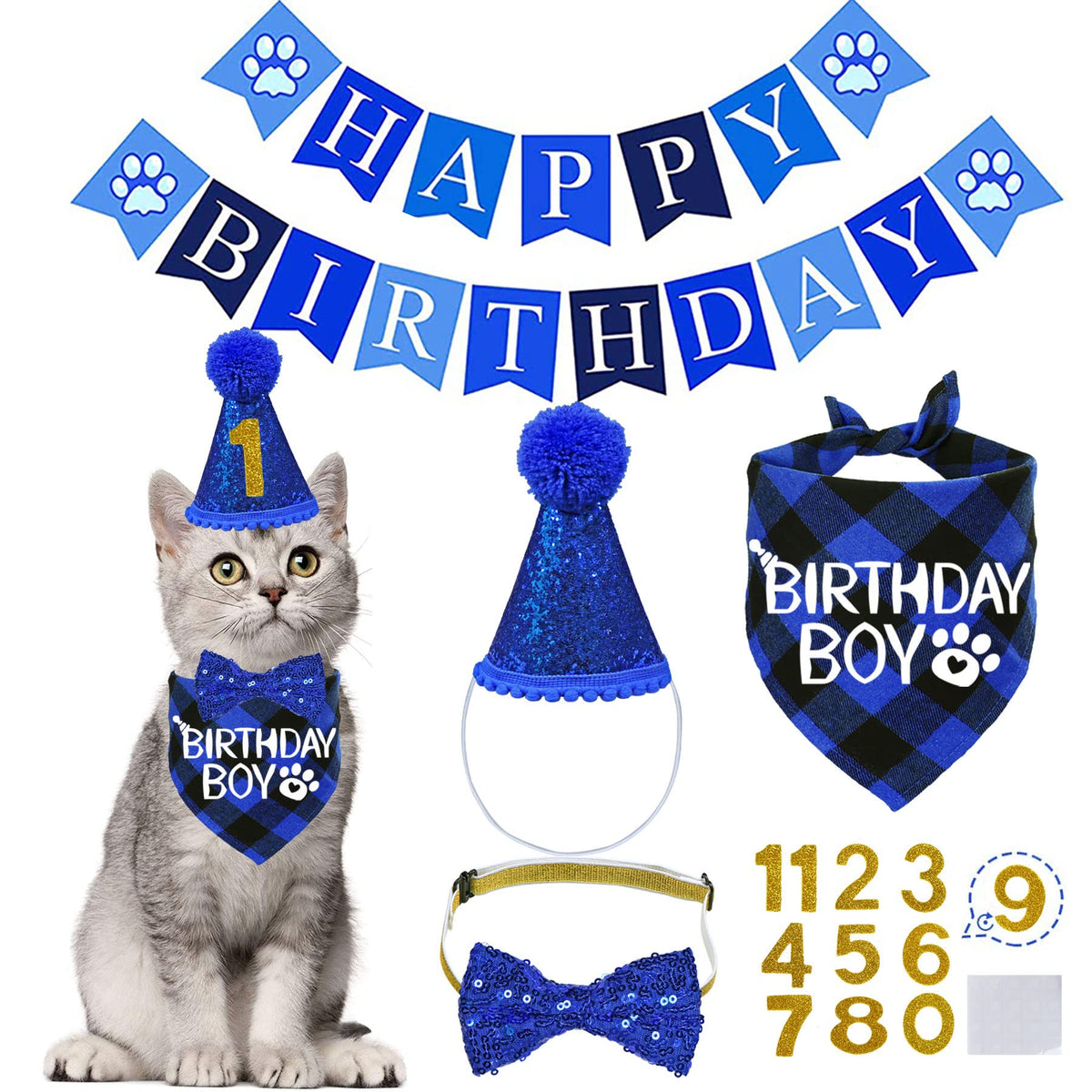 STMK Cat Birthday Decorations, Cat Birthday Hat with Number Bandana Bow Tie Collar for Cats Kittens Apparel Birthday Outfits