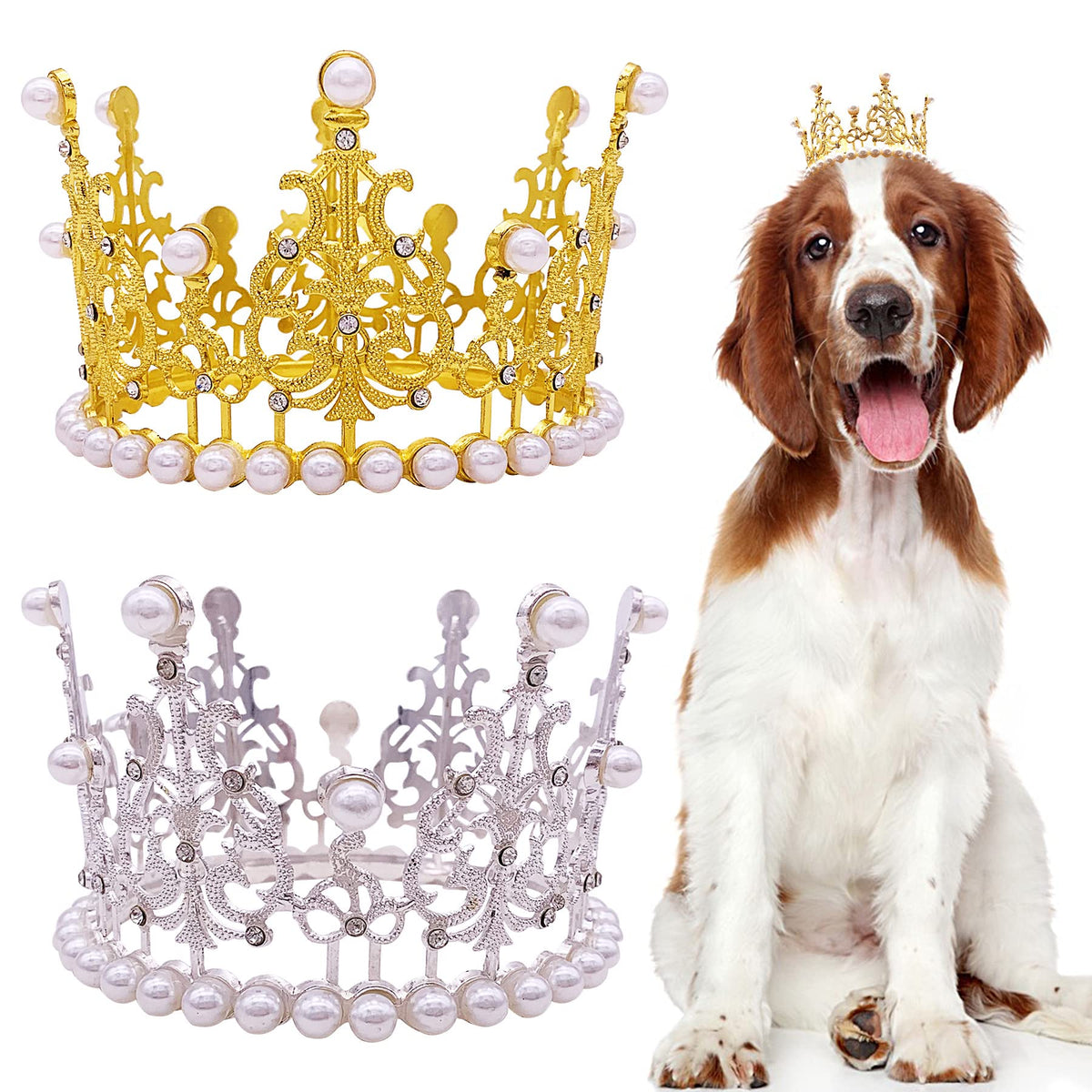 PET SHOW 2 Pack White Small Dog Crown King Queen for Birthday Party