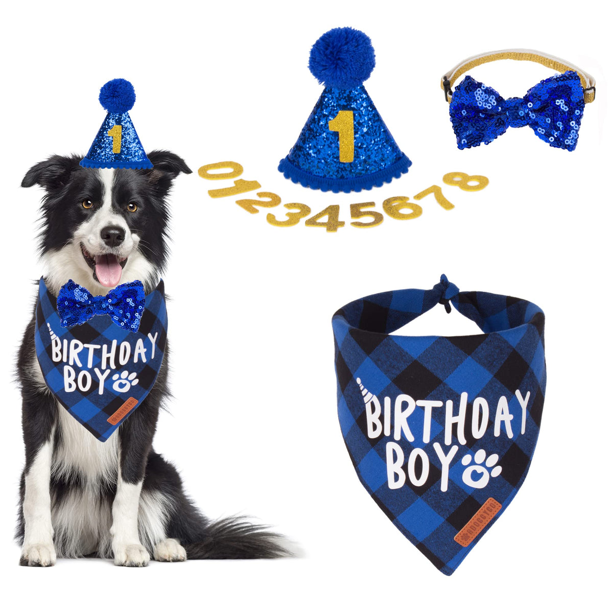 ADOGGYGO Dog Birthday Hat Bandana Set, Blue Plaid Boy Dog Bandana, X-Large