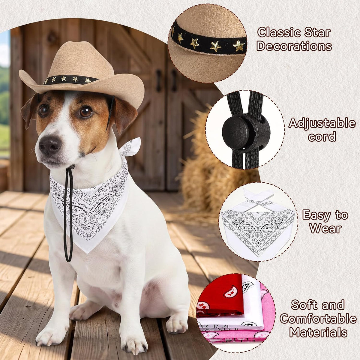 Pet Cowboy Costume, Dog Cowboy Hat with Bandana Scarf, Adjustable Cat Cowboy Hat for Party Cosplay Christmas, Halloween Cowboy Costumes for Small Pet Dogs Cats (Khaki, Small)